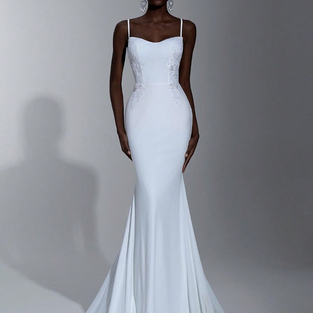 White Elegant Women's Spaghetti Strap Backless Floral Fishtail Wedding Dress